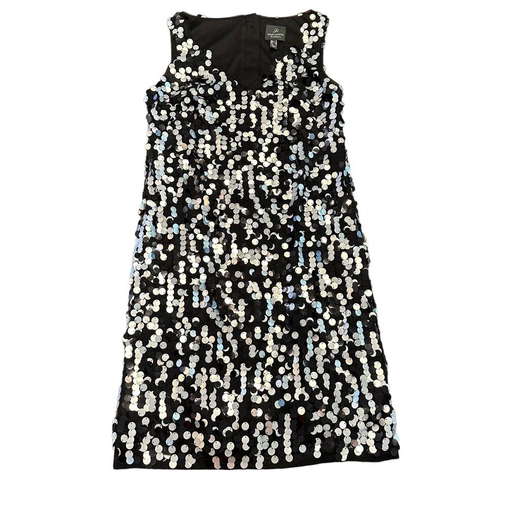 Adrianna Papell Black V Neck Stretch Metallic Circle Sequin Cocktail Dress 2